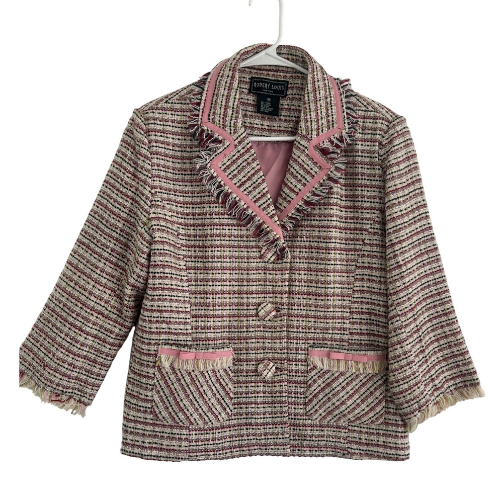 Robert Louis New York Tweed Blazer Pink Trim‎ Fringe Pockets - M